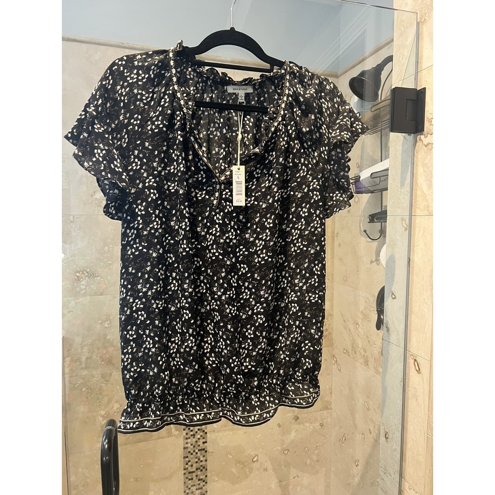 Max Studio Womens Floral Peplum Blouse Black White Flutter Sleeve Large NWT